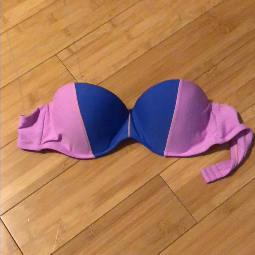 Blue and pink strapless push up swim top